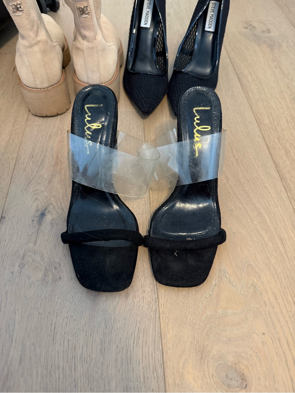 Lulu's Black Clear-Strap Square-Toe Slide Heels